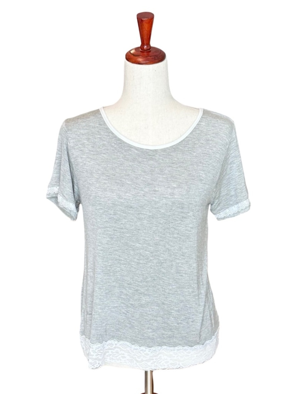 Kathy Ireland Short Sleeve Pajama Lounge Top Lace Trim Gray Med